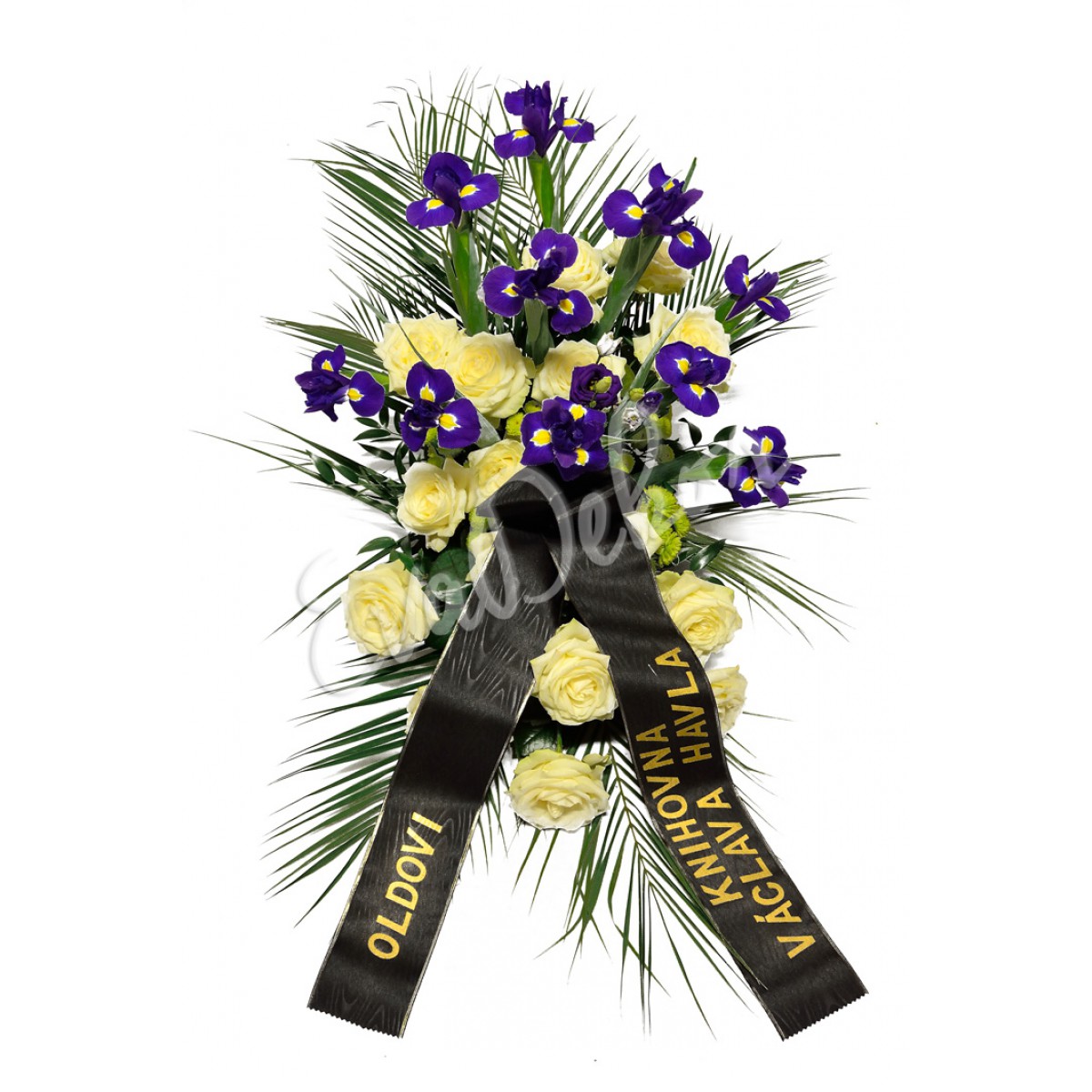 Smuteční kytice Iris a růže avalanche - EvaDekor.cz rozvoz květin po Praze