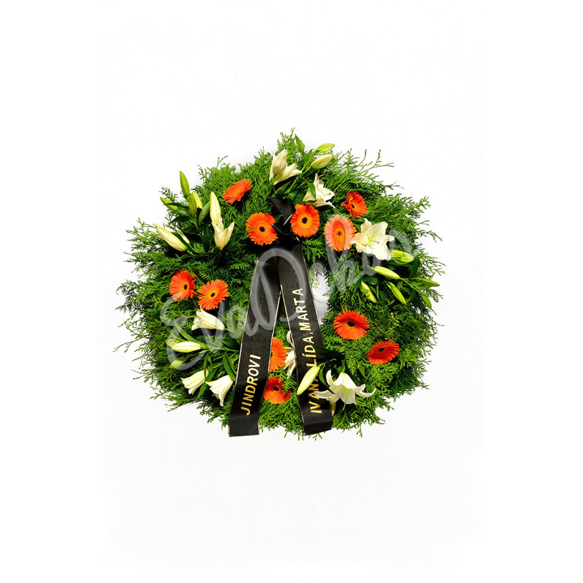 Smuteční věnec Bílé lilie a oranžové gerbery - EvaDekor.cz rozvoz květin Praha