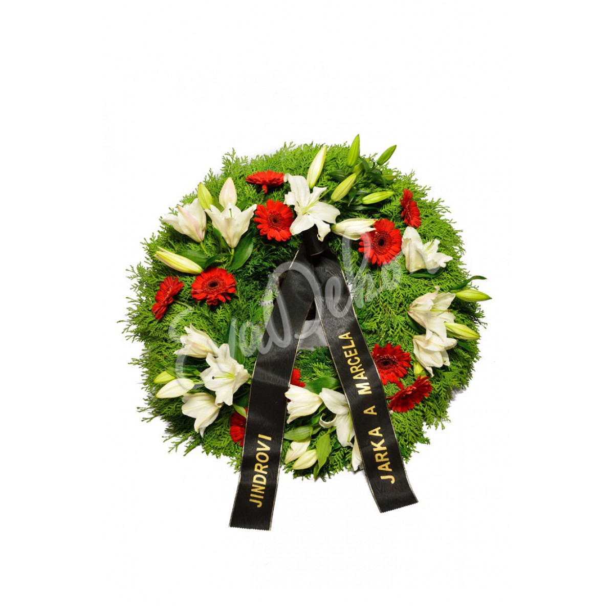 Smuteční věnec Bílé lilie a červené gerbery - EvaDekor.cz rozvoz květin Praha