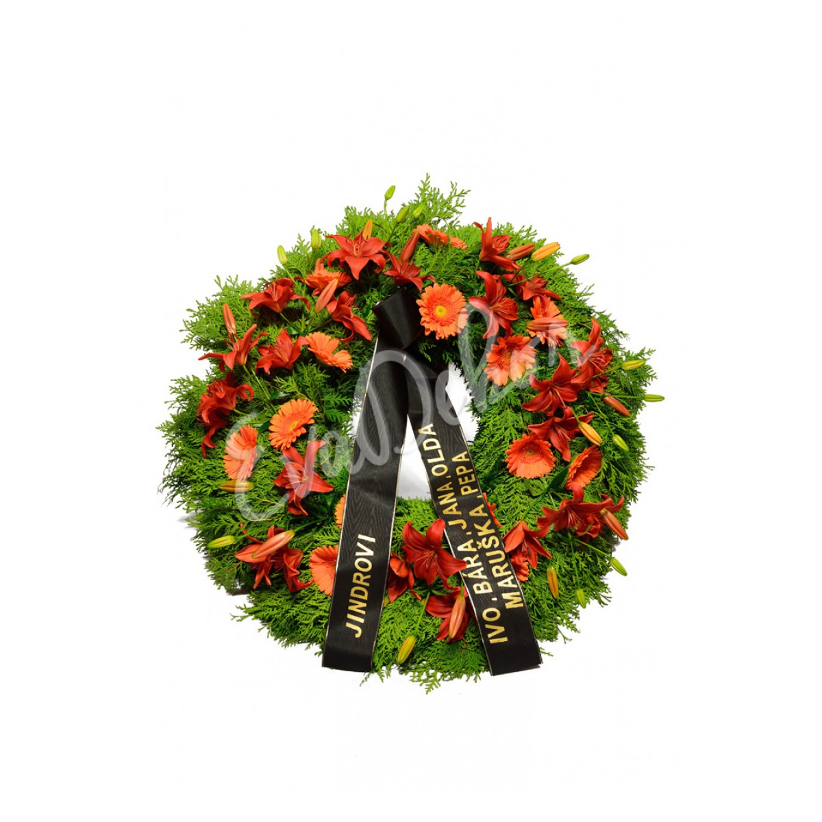 Smuteční věnec Červené lilie a červené gerbery - EvaDekor.cz rozvoz květin Praha