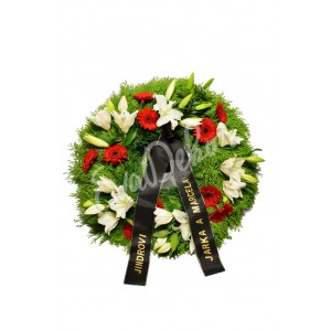 Smuteční věnec Bílé lilie a červené gerbery - EvaDekor.cz rozvoz květin Praha