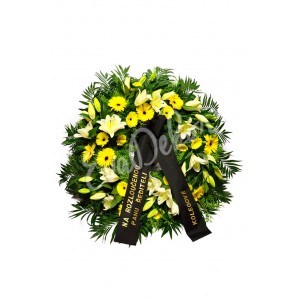 Smuteční věnec Bílé lilie a žluté gerbery - EvaDekor.cz rozvoz květin Praha